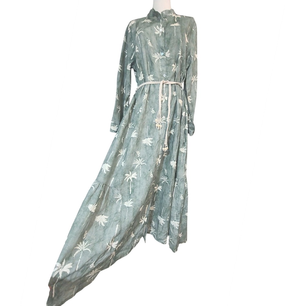 Francesca Bettini Italy Linen Blend Dress Palm Print Maxi Shirt Button Front - Picture 6 of 9